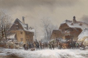 Bustling Activity in a Snowy Winter Village
